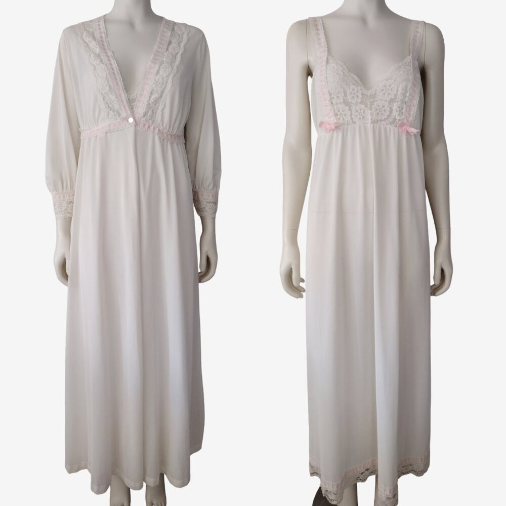Vintage 1960s White Nylon Lace Empire Waist Peignoir and Nightgown Set